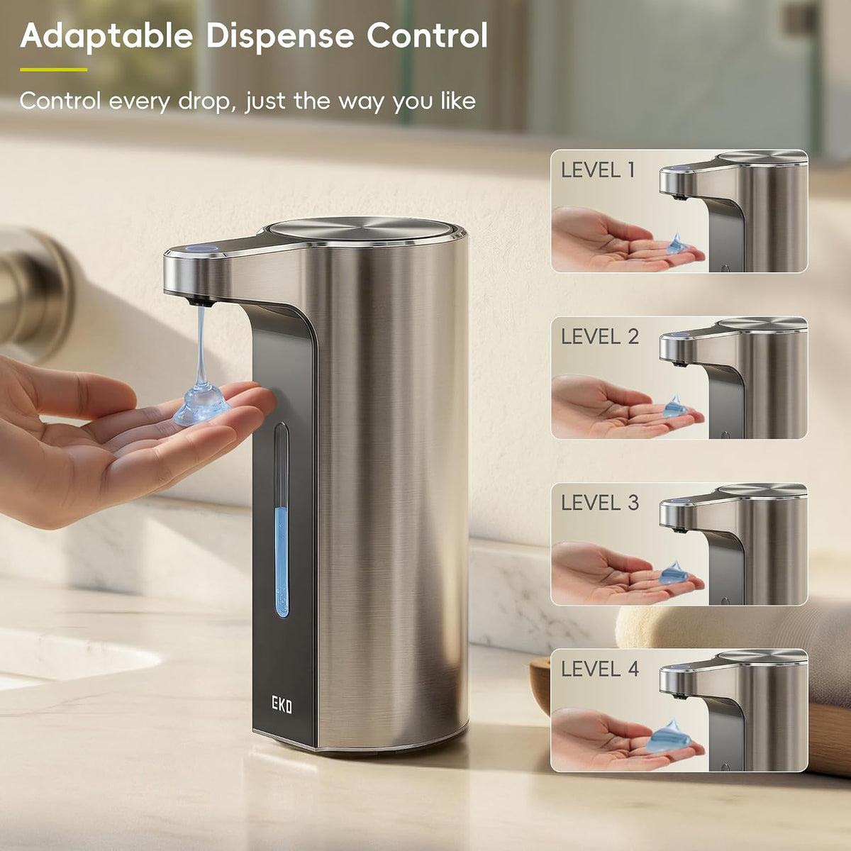 Aroma Touchless Automatic Soap Dispenser for Kitchen and Bathroom, Liquid Hand Soap Dispenser, Rechargeable, 9 fl oz (Stainless)