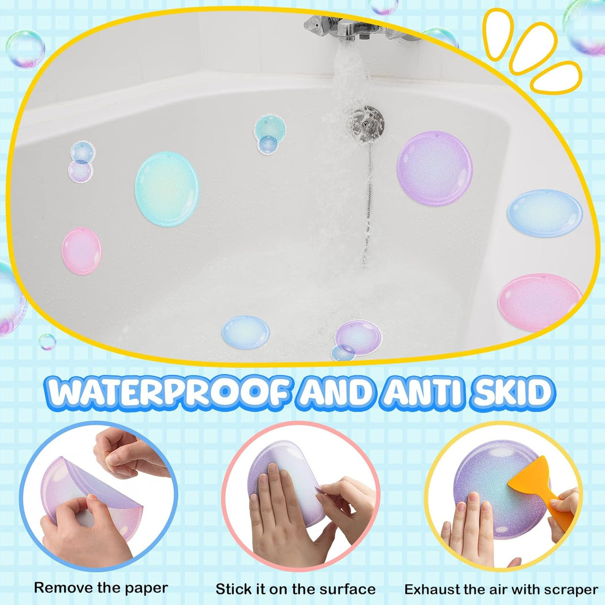 30 Pcs Bubble Non Slip Bathtub Stickers Colorful Bubble Anti Slip Shower Stickers Shower Floor Nonslip Sticker Applique Adhesive Decals Treads with Scraper for Bathtub Bathroom Floor