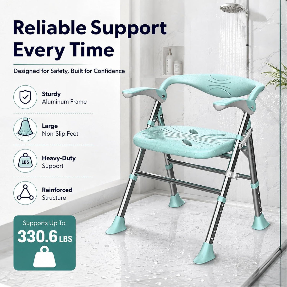 Shower Chair, Shower Chair for Elderly & Disabled, Heavy Duty Bath Stool with Arms and Back, Adjustable Height, Non-Slip Shower Bench Seat, Safe Foldable Bath Assist for Seniors Inside Bathtub Shower