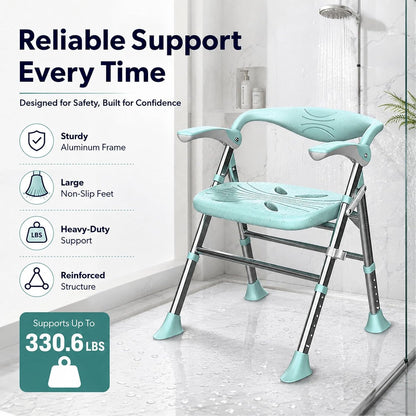 Shower Chair, Shower Chair for Elderly & Disabled, Heavy Duty Bath Stool with Arms and Back, Adjustable Height, Non-Slip Shower Bench Seat, Safe Foldable Bath Assist for Seniors Inside Bathtub Shower
