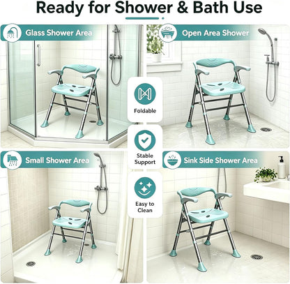 Shower Chair, Shower Chair for Elderly & Disabled, Heavy Duty Bath Stool with Arms and Back, Adjustable Height, Non-Slip Shower Bench Seat, Safe Foldable Bath Assist for Seniors Inside Bathtub Shower