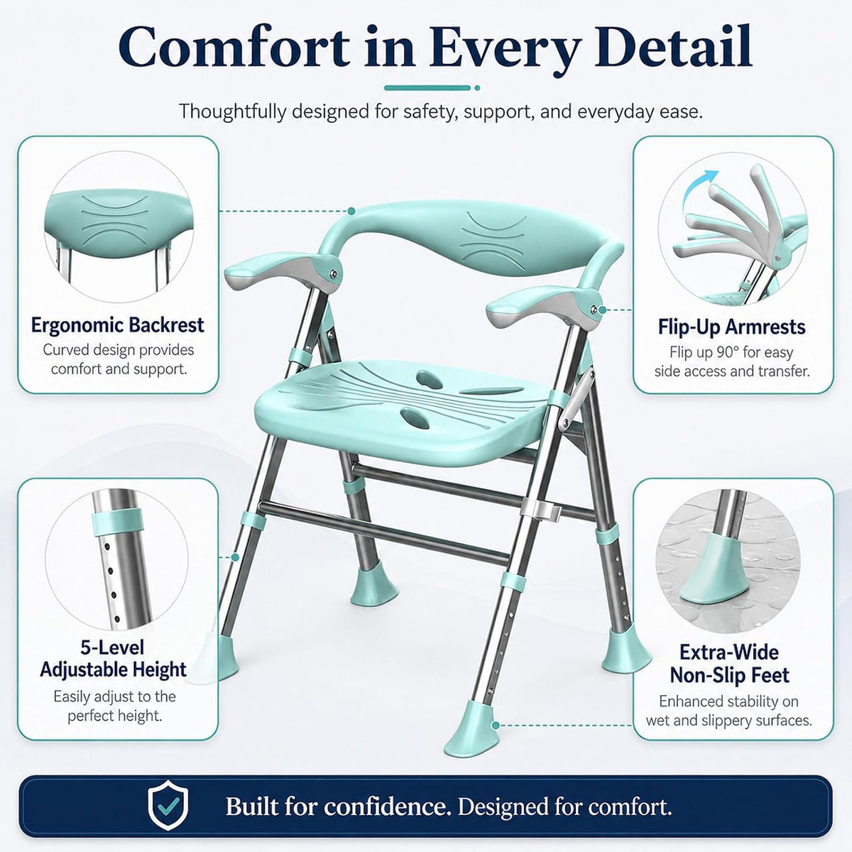 Shower Chair, Shower Chair for Elderly & Disabled, Heavy Duty Bath Stool with Arms and Back, Adjustable Height, Non-Slip Shower Bench Seat, Safe Foldable Bath Assist for Seniors Inside Bathtub Shower