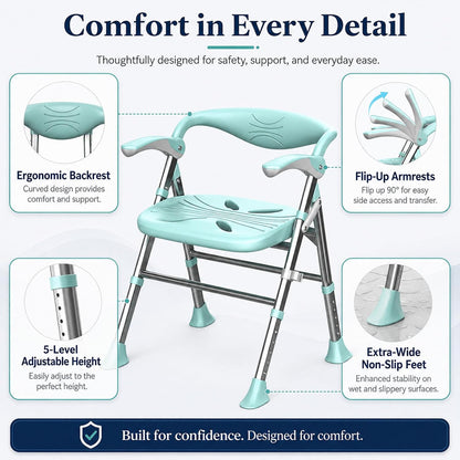 Shower Chair, Shower Chair for Elderly & Disabled, Heavy Duty Bath Stool with Arms and Back, Adjustable Height, Non-Slip Shower Bench Seat, Safe Foldable Bath Assist for Seniors Inside Bathtub Shower