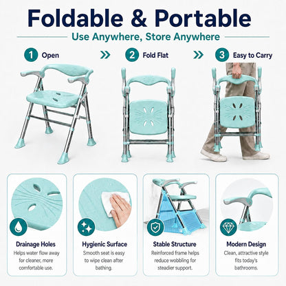 Shower Chair, Shower Chair for Elderly & Disabled, Heavy Duty Bath Stool with Arms and Back, Adjustable Height, Non-Slip Shower Bench Seat, Safe Foldable Bath Assist for Seniors Inside Bathtub Shower