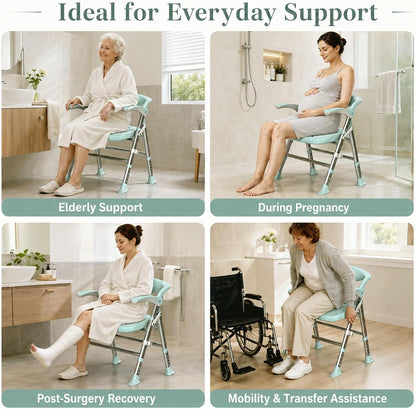 Shower Chair, Shower Chair for Elderly & Disabled, Heavy Duty Bath Stool with Arms and Back, Adjustable Height, Non-Slip Shower Bench Seat, Safe Foldable Bath Assist for Seniors Inside Bathtub Shower