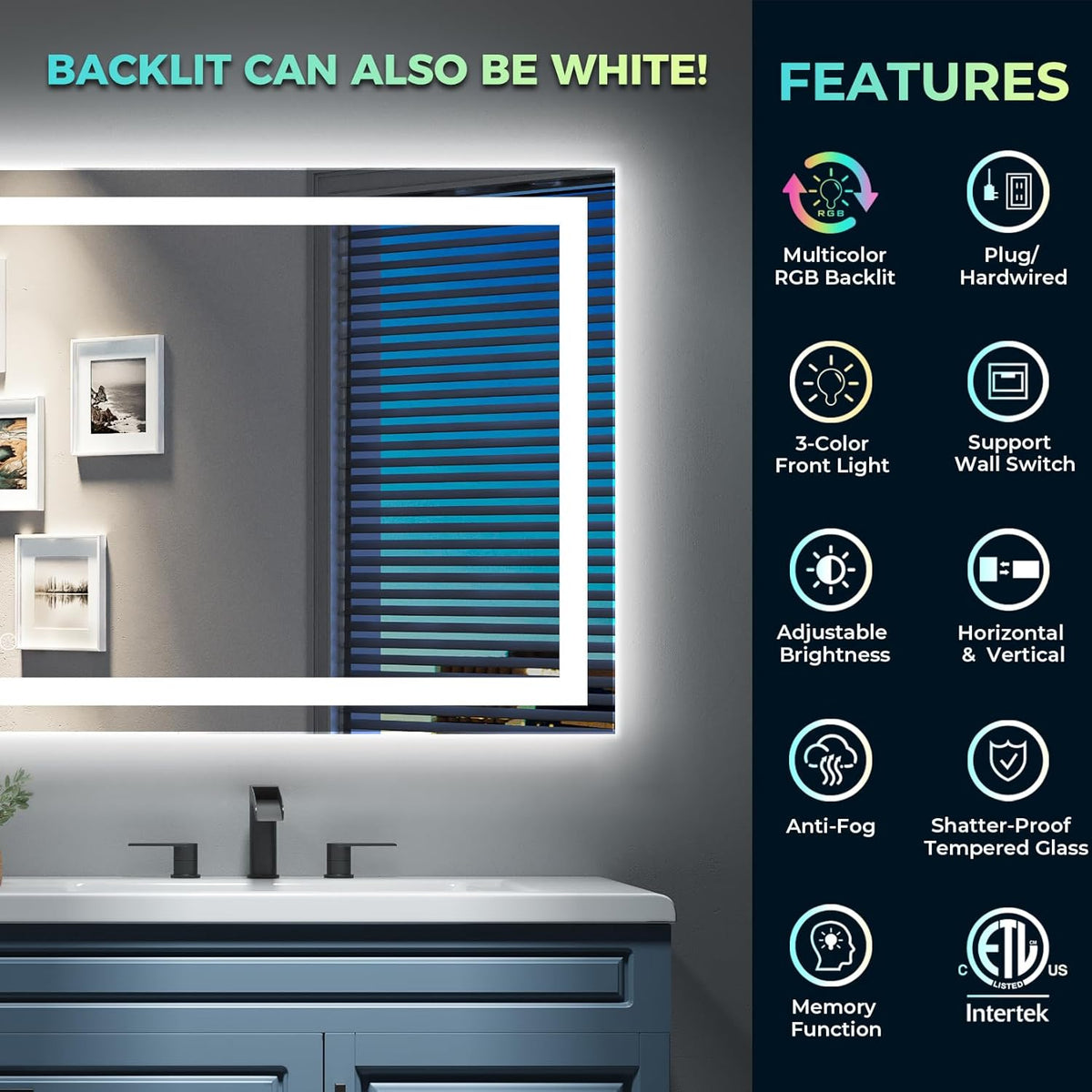 60x36 LED Bathroom Mirror with Lights, Lighted Vanity Mirror - Colors B