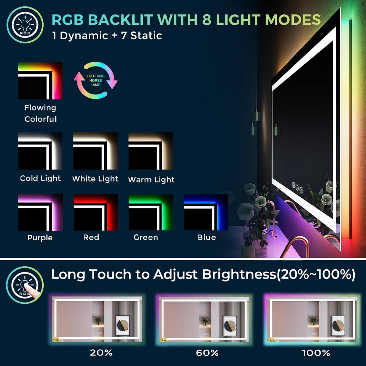 60x36 LED Bathroom Mirror with Lights, Lighted Vanity Mirror - Colors B
