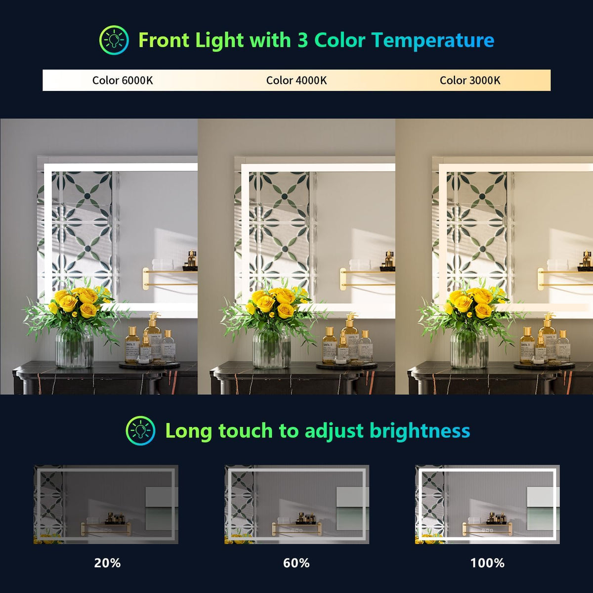60x36 LED Bathroom Mirror with Lights, Lighted Vanity Mirror - Colors B