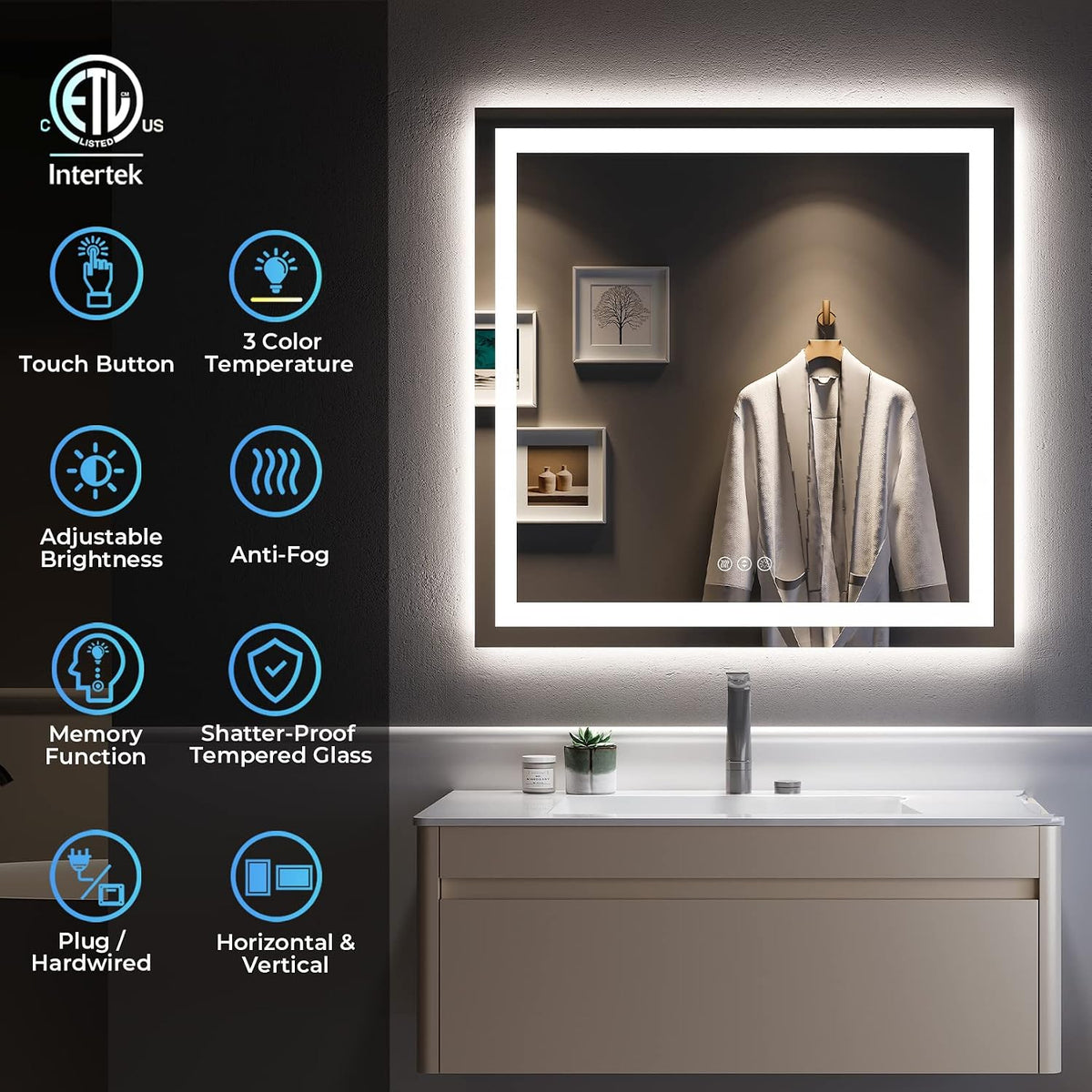 60x36 LED Bathroom Mirror with Lights, Lighted Vanity Mirror - Colors B