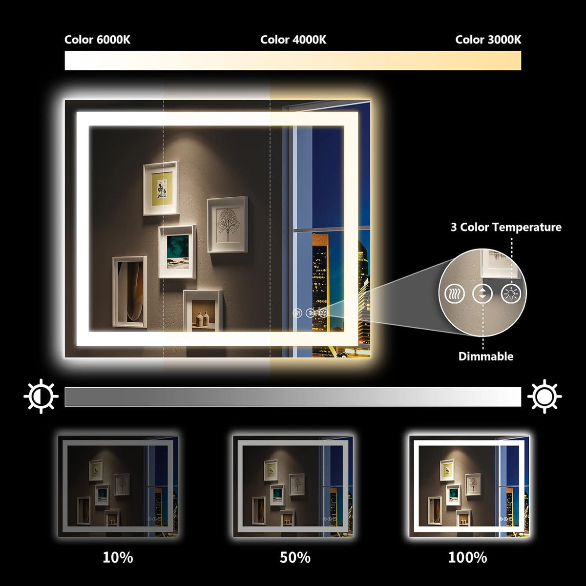 60x36 LED Bathroom Mirror with Lights, Lighted Vanity Mirror - Colors B
