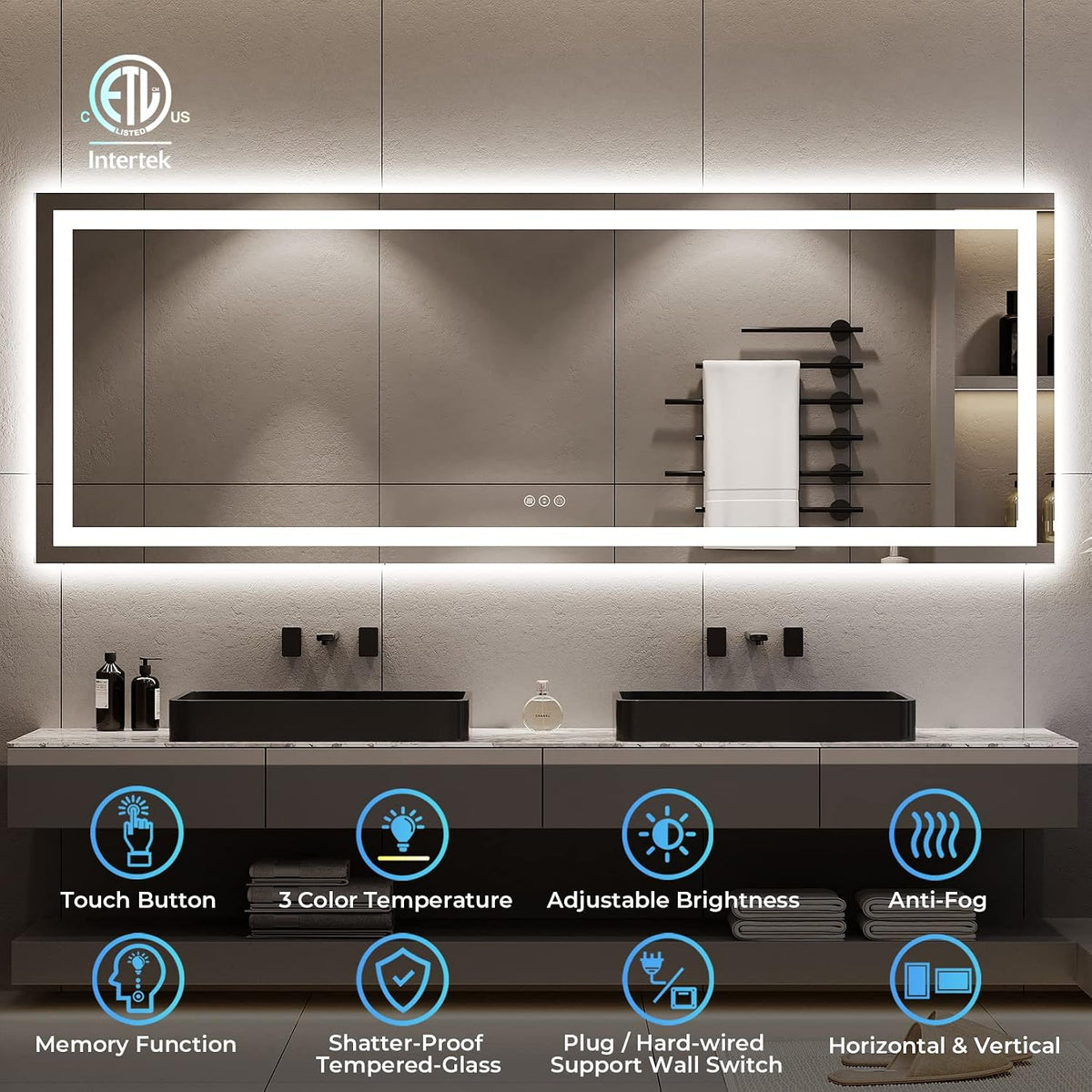60x36 LED Bathroom Mirror with Lights, Lighted Vanity Mirror - Colors B