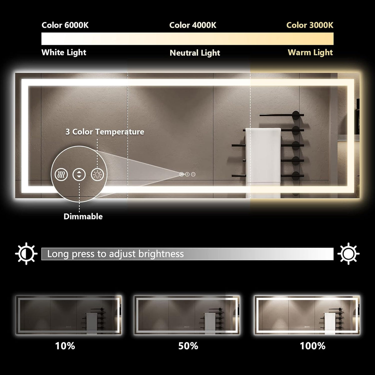 60x36 LED Bathroom Mirror with Lights, Lighted Vanity Mirror - Colors B