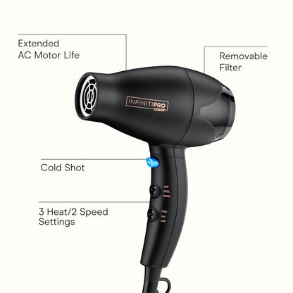 INFINITI PRO Travel Hair Dryer, 1600W Mighty Mini Compact Blow Dryer with Concentrator Attachment, Lightweight Professional AC Motor for Fast Drying, 3 Heat & 2 Speed Settings, Black
