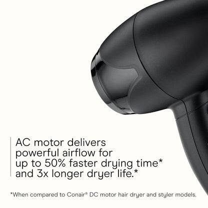 INFINITI PRO Travel Hair Dryer, 1600W Mighty Mini Compact Blow Dryer with Concentrator Attachment, Lightweight Professional AC Motor for Fast Drying, 3 Heat & 2 Speed Settings, Black