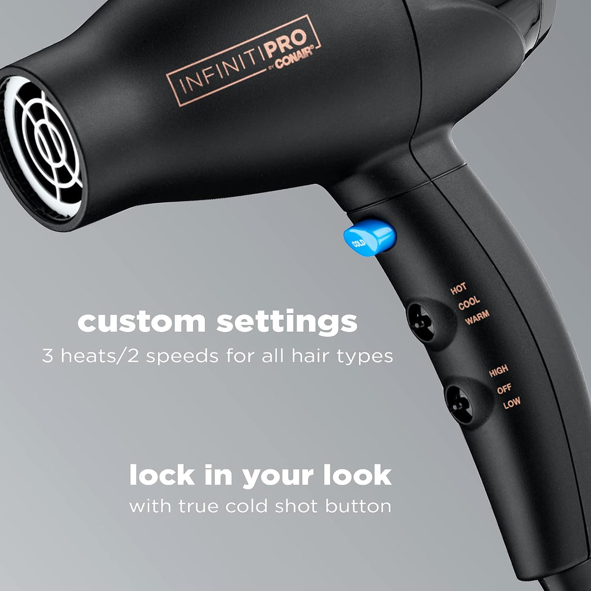 INFINITI PRO Travel Hair Dryer, 1600W Mighty Mini Compact Blow Dryer with Concentrator Attachment, Lightweight Professional AC Motor for Fast Drying, 3 Heat & 2 Speed Settings, Black