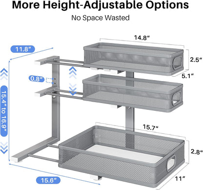 Under Sink Organizer, 3-Tier Thickened Metal Pull out Cabinet Organizer Shelf, Height Adjustable Slide out Storage Drawer Rack for Kitchen Bathroom Pantry Laundry Home Organization, Black