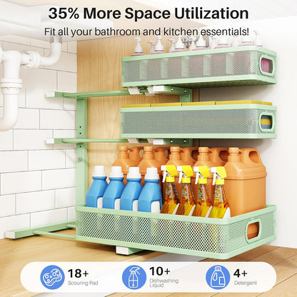 Under Sink Organizer, 3-Tier Thickened Metal Pull out Cabinet Organizer Shelf, Height Adjustable Slide out Storage Drawer Rack for Kitchen Bathroom Pantry Laundry Home Organization, Black