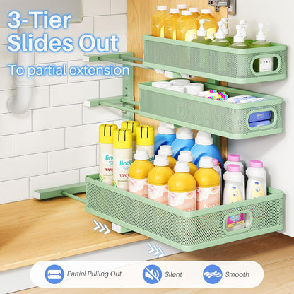Under Sink Organizer, 3-Tier Thickened Metal Pull out Cabinet Organizer Shelf, Height Adjustable Slide out Storage Drawer Rack for Kitchen Bathroom Pantry Laundry Home Organization, Black