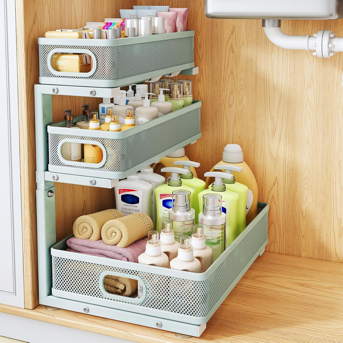 Under Sink Organizer, 3-Tier Thickened Metal Pull out Cabinet Organizer Shelf, Height Adjustable Slide out Storage Drawer Rack for Kitchen Bathroom Pantry Laundry Home Organization, Black
