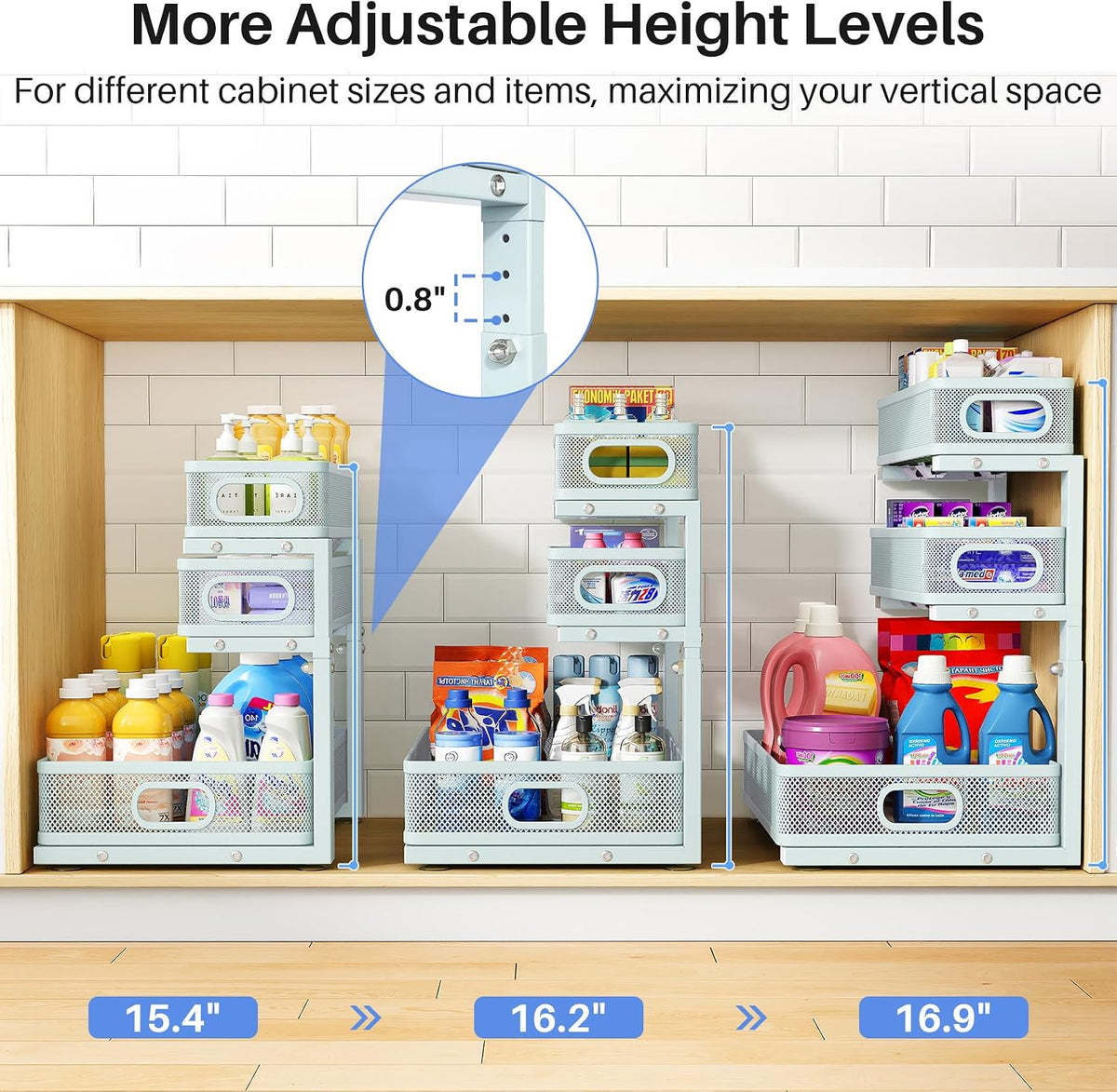 Under Sink Organizer, 3-Tier Thickened Metal Pull out Cabinet Organizer Shelf, Height Adjustable Slide out Storage Drawer Rack for Kitchen Bathroom Pantry Laundry Home Organization, Black