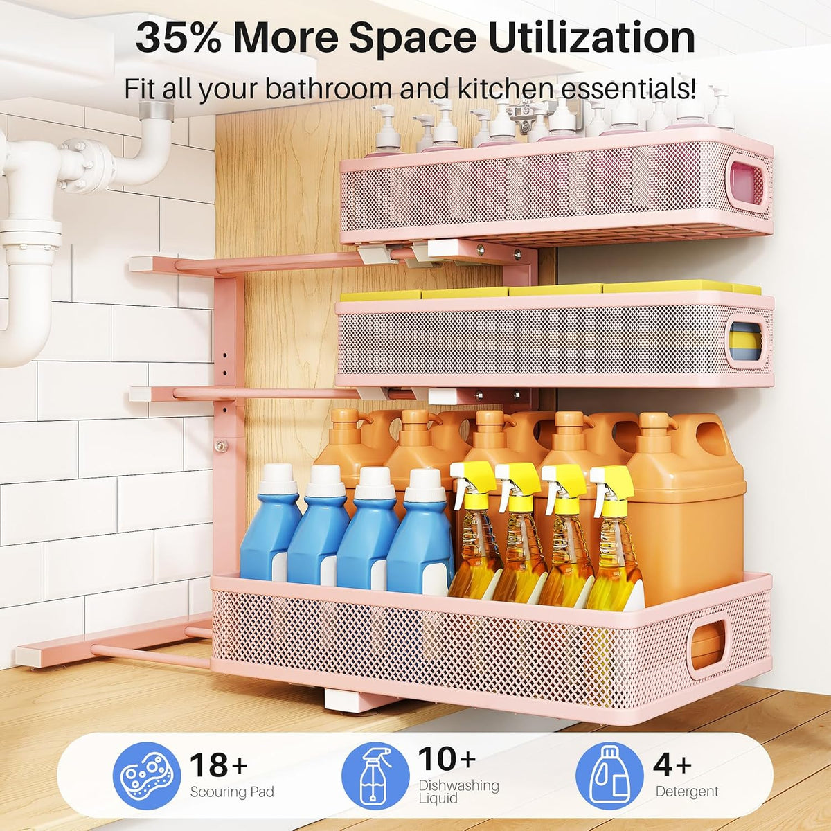 Under Sink Organizer, 3-Tier Thickened Metal Pull out Cabinet Organizer Shelf, Height Adjustable Slide out Storage Drawer Rack for Kitchen Bathroom Pantry Laundry Home Organization, Black