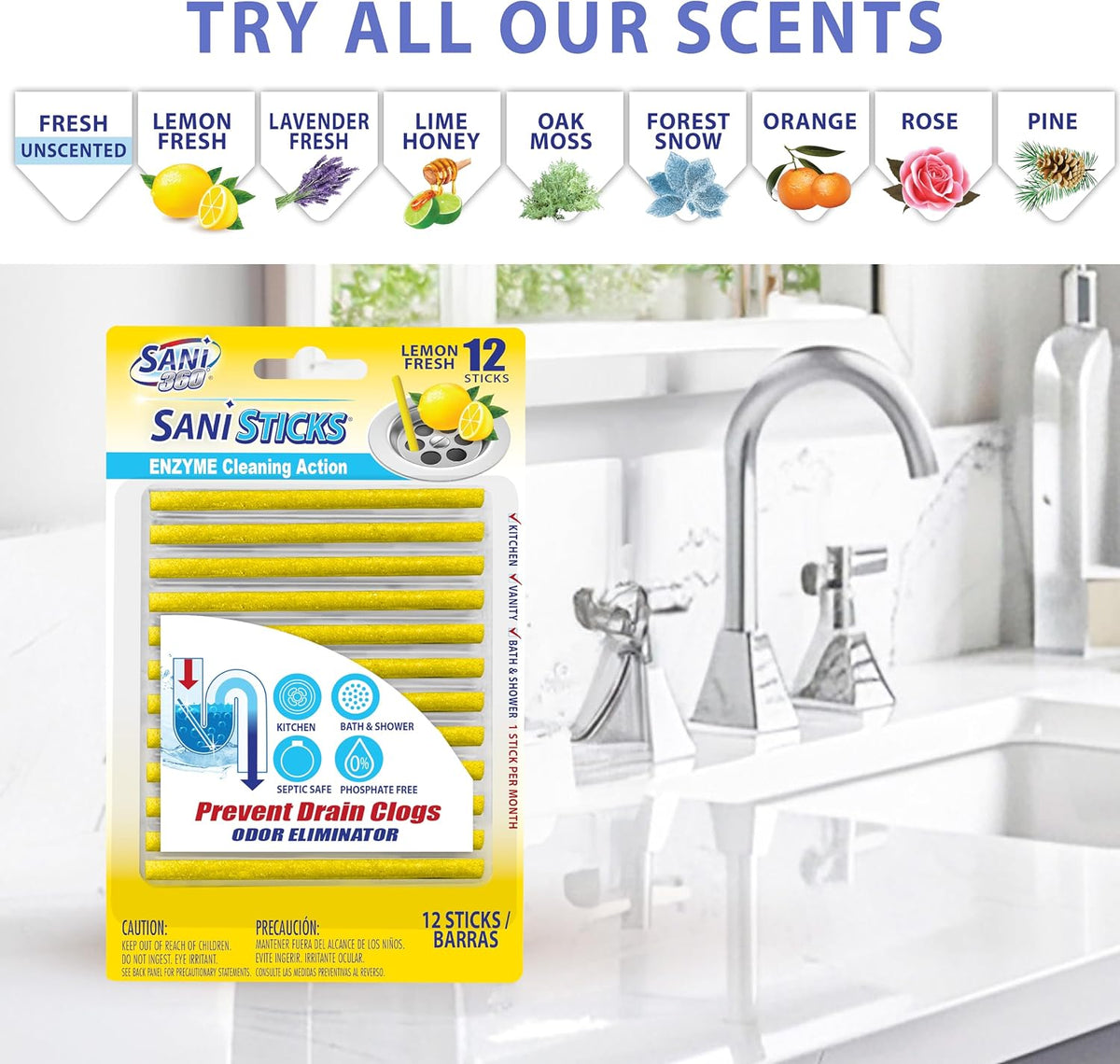° Sani Sticks Drain Cleaner and Deodorizer, 24 Sticks, Lemon Scent