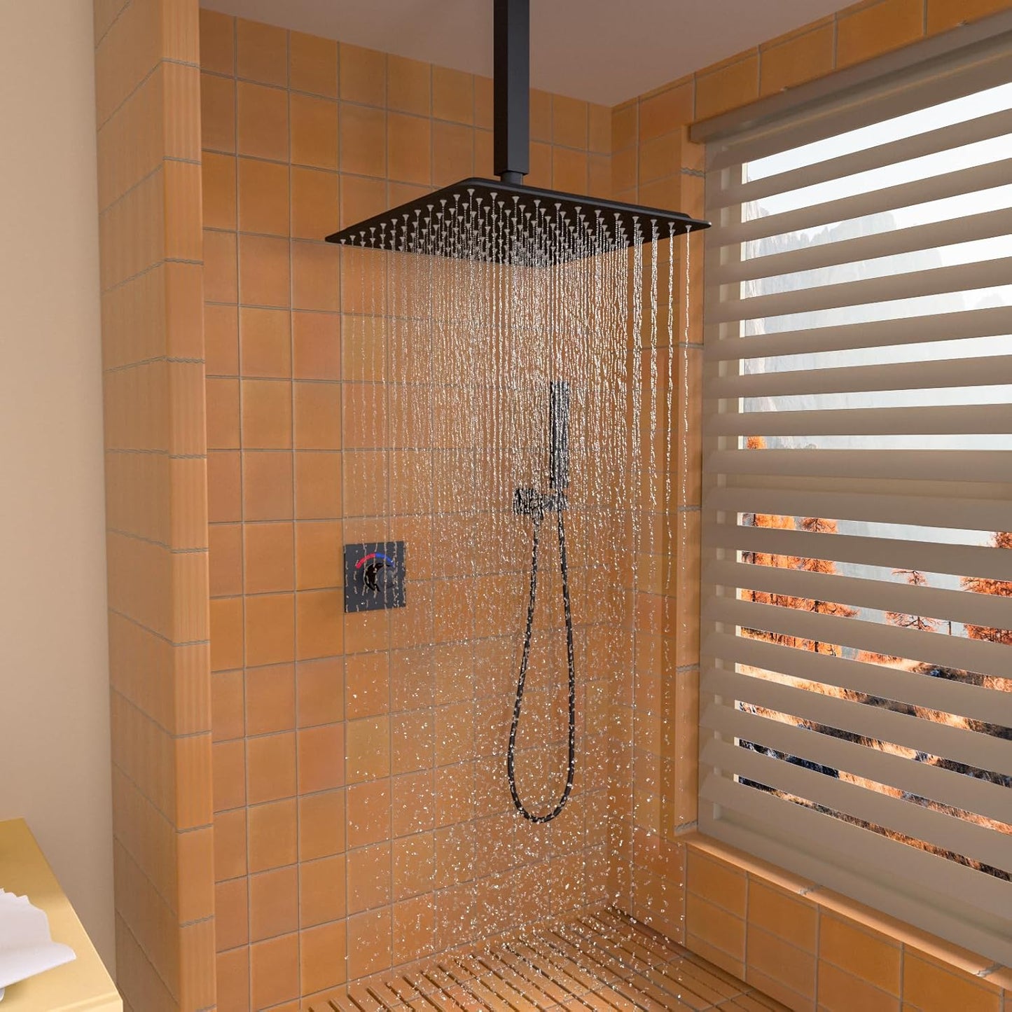 2 Way Push Button Thermostatic Shower Diverter Mixing Valve, Concealed 2 Outlet Multi Function Can Control temperature and Separate with Free Combination,Matte Black