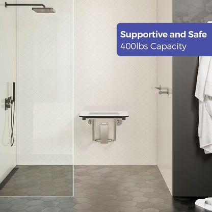 18" x 16" ADA Compliant Phenolic White Folding Shower Seat Bench, Wall Mount Foldable Bathroom Shower Chair with Stainless Steel Support, 400 lbs Capacity