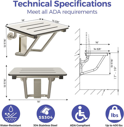18" x 16" ADA Compliant Phenolic White Folding Shower Seat Bench, Wall Mount Foldable Bathroom Shower Chair with Stainless Steel Support, 400 lbs Capacity