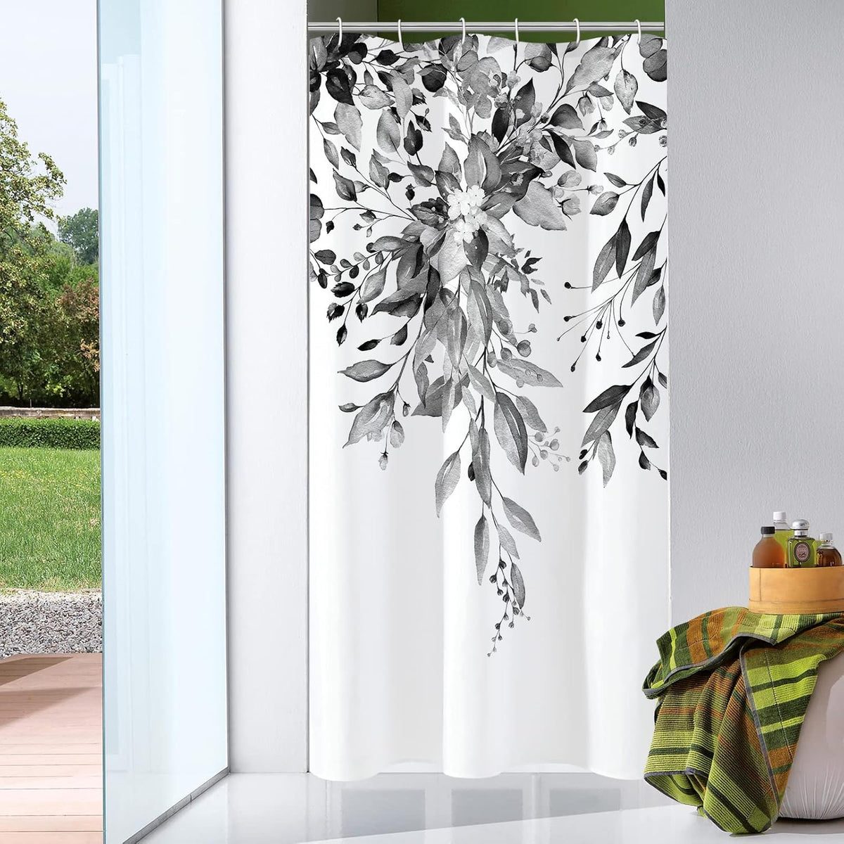 Grey Eucalyptus Shower Curtain, Watercolor Floral Print, 72x72