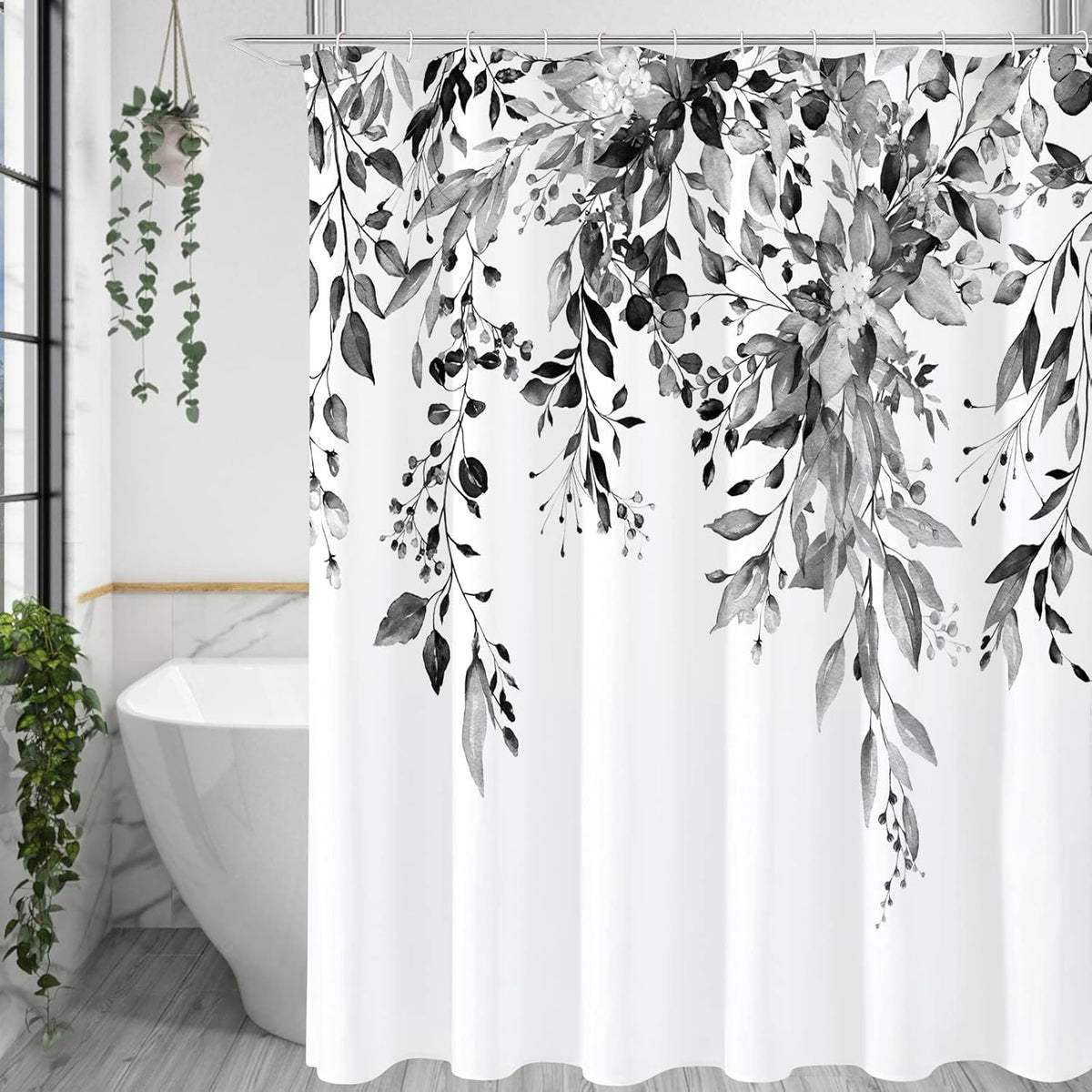 Grey Eucalyptus Shower Curtain, Watercolor Floral Print, 72x72