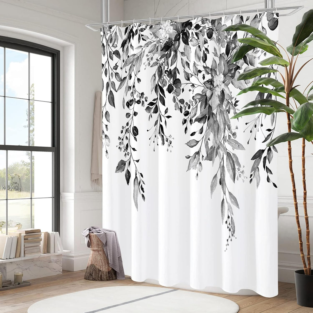 Grey Eucalyptus Shower Curtain, Watercolor Floral Print, 72x72