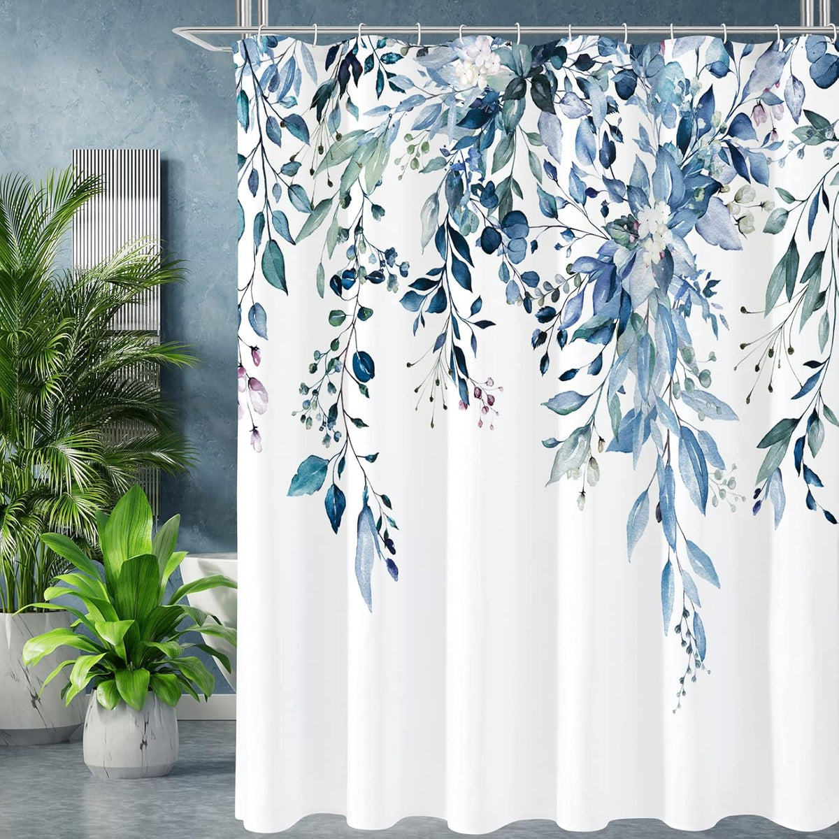 Grey Eucalyptus Shower Curtain, Watercolor Floral Print, 72x72