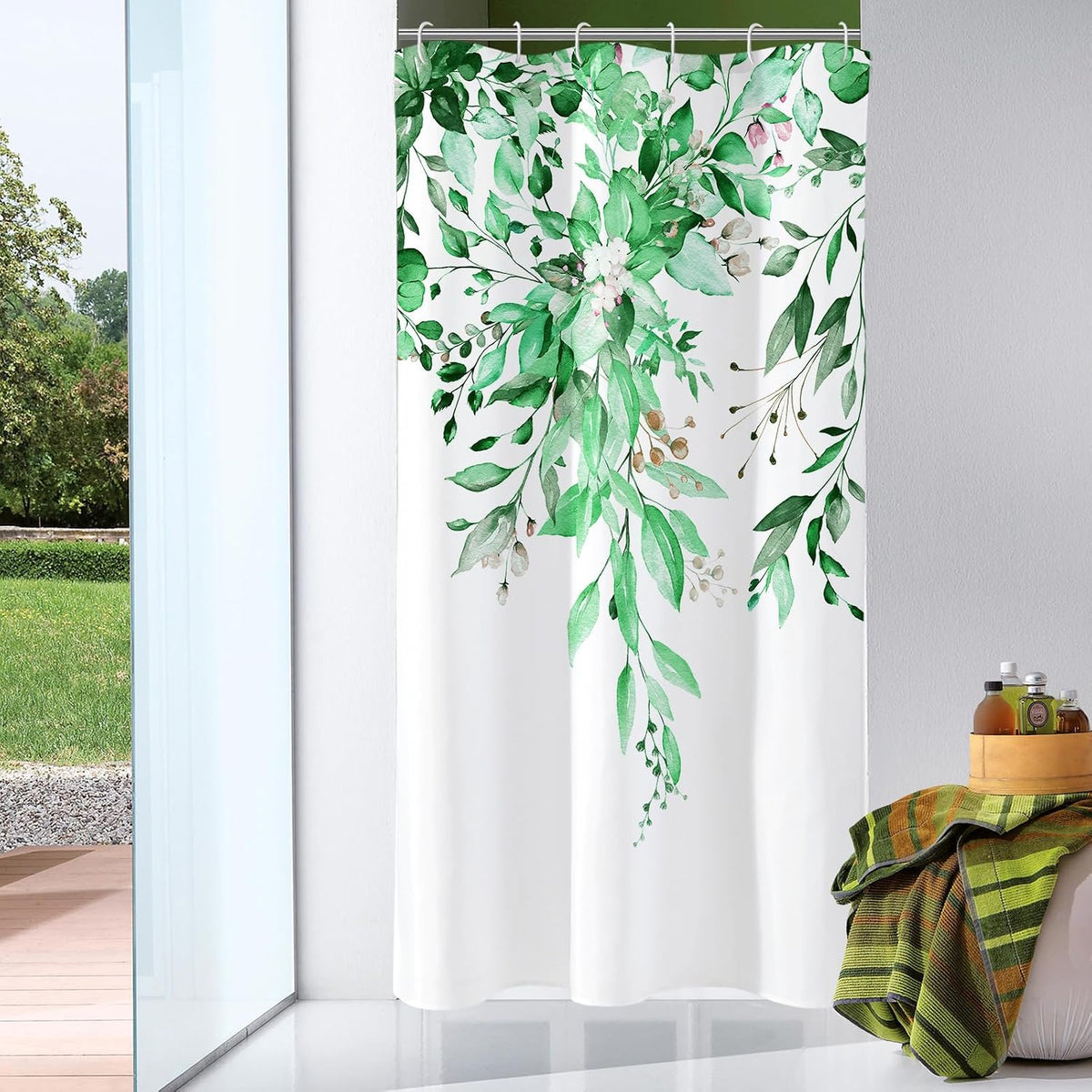 Grey Eucalyptus Shower Curtain, Watercolor Floral Print, 72x72