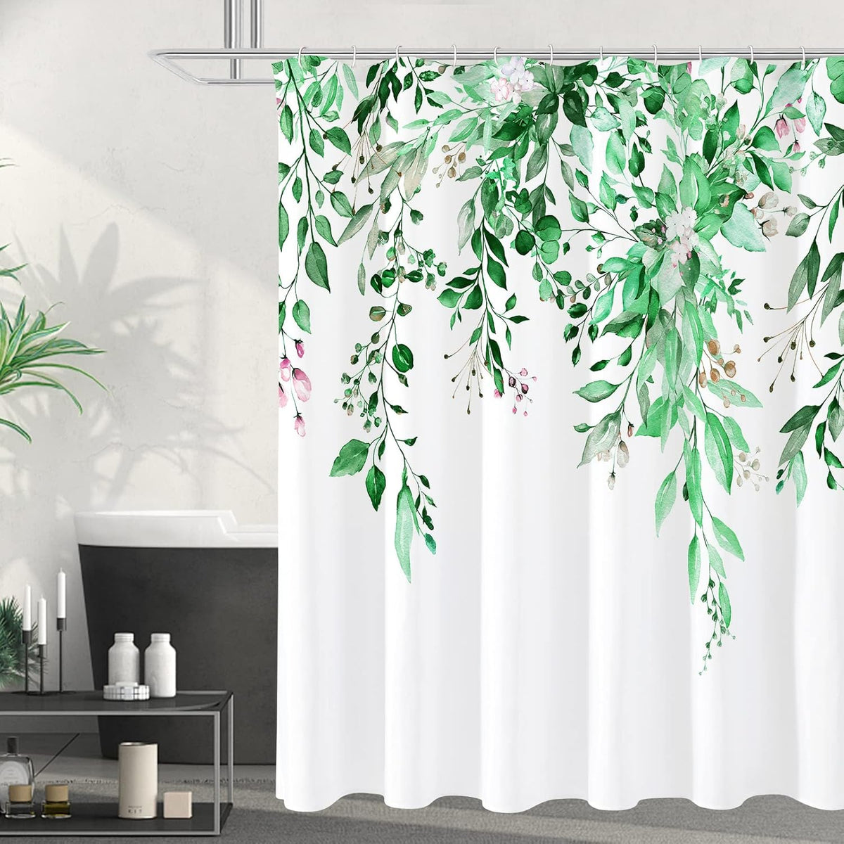 Grey Eucalyptus Shower Curtain, Watercolor Floral Print, 72x72