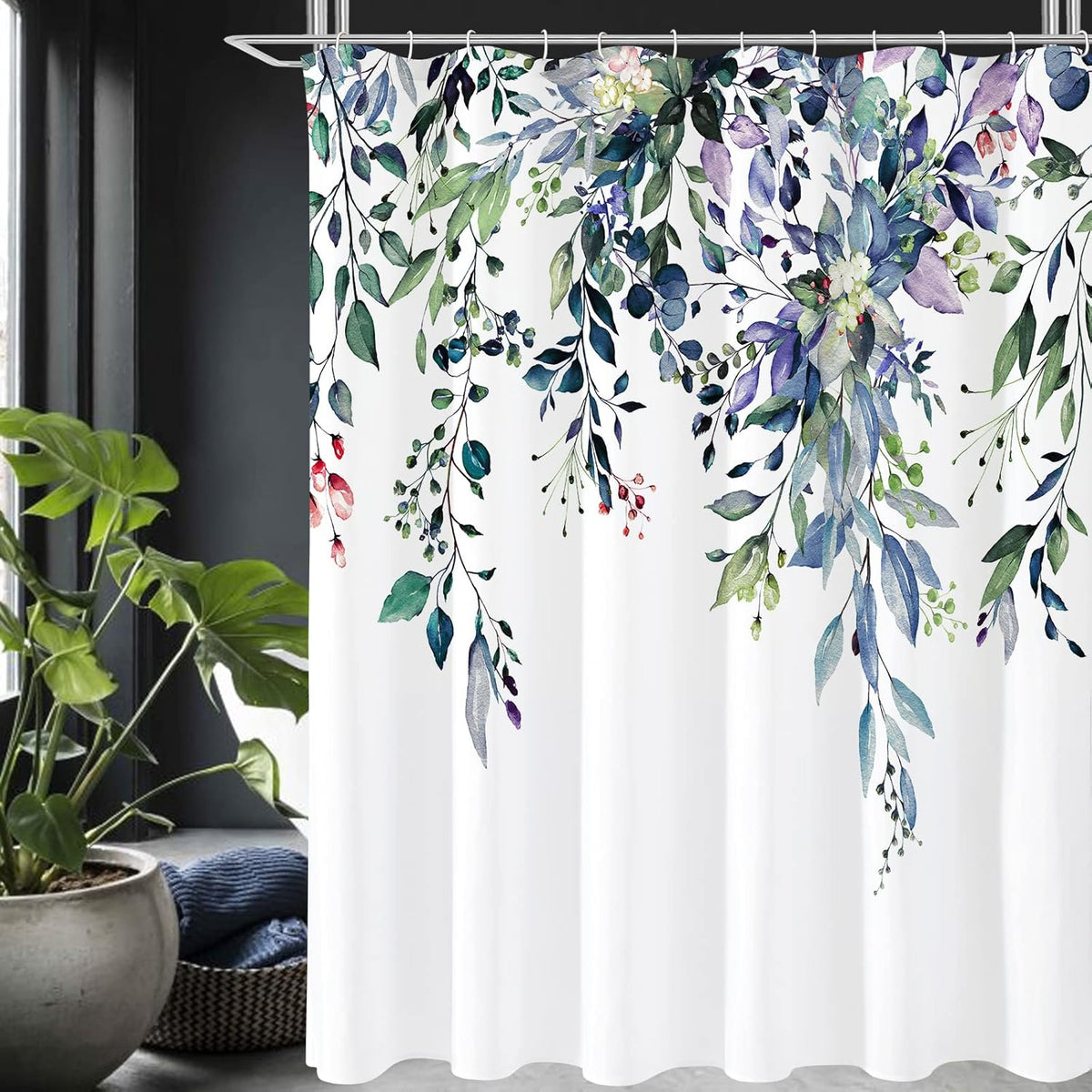 Grey Eucalyptus Shower Curtain, Watercolor Floral Print, 72x72