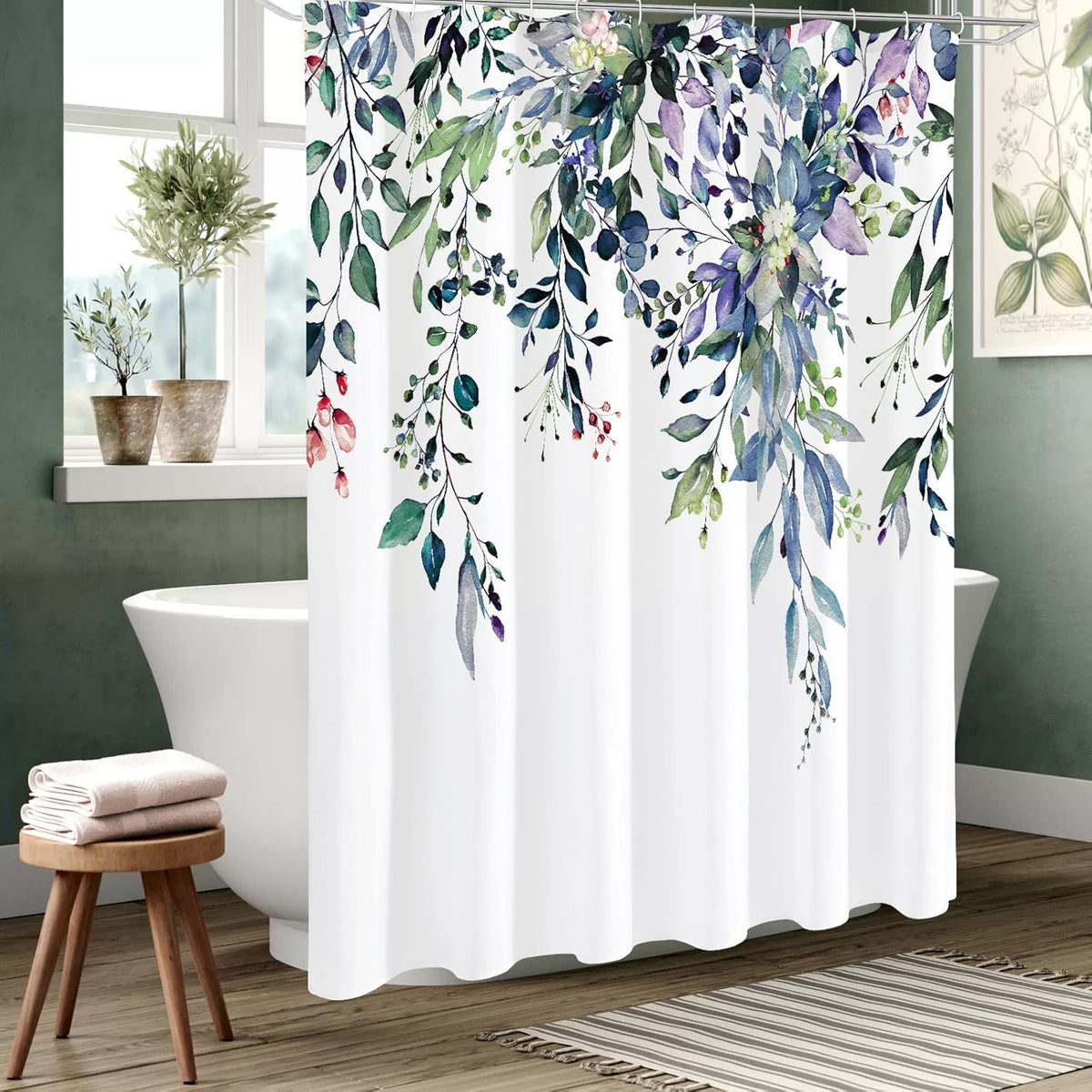 Grey Eucalyptus Shower Curtain, Watercolor Floral Print, 72x72