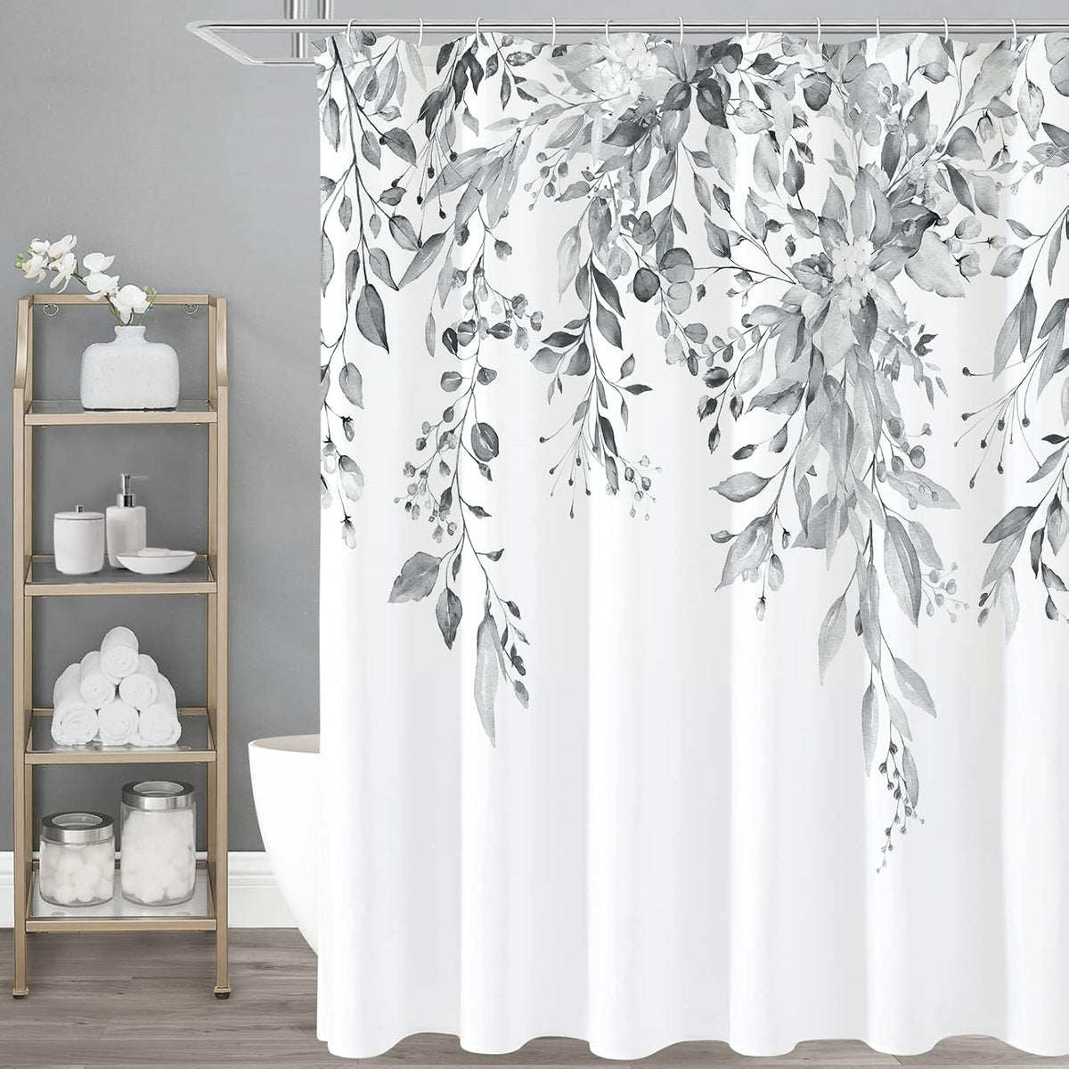 Grey Eucalyptus Shower Curtain, Watercolor Floral Print, 72x72