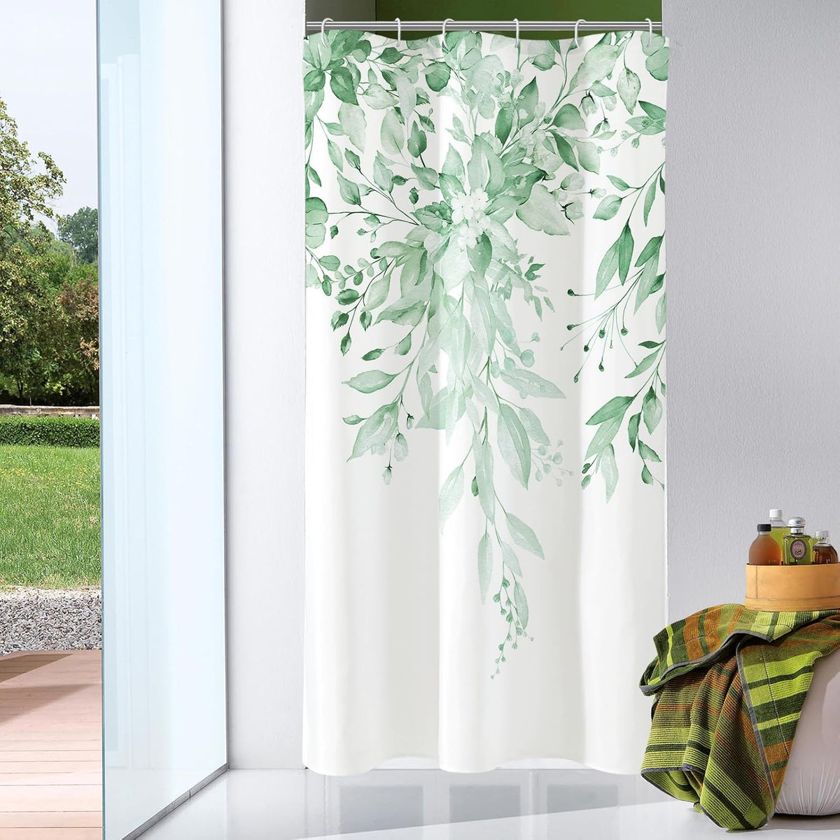 Grey Eucalyptus Shower Curtain, Watercolor Floral Print, 72x72