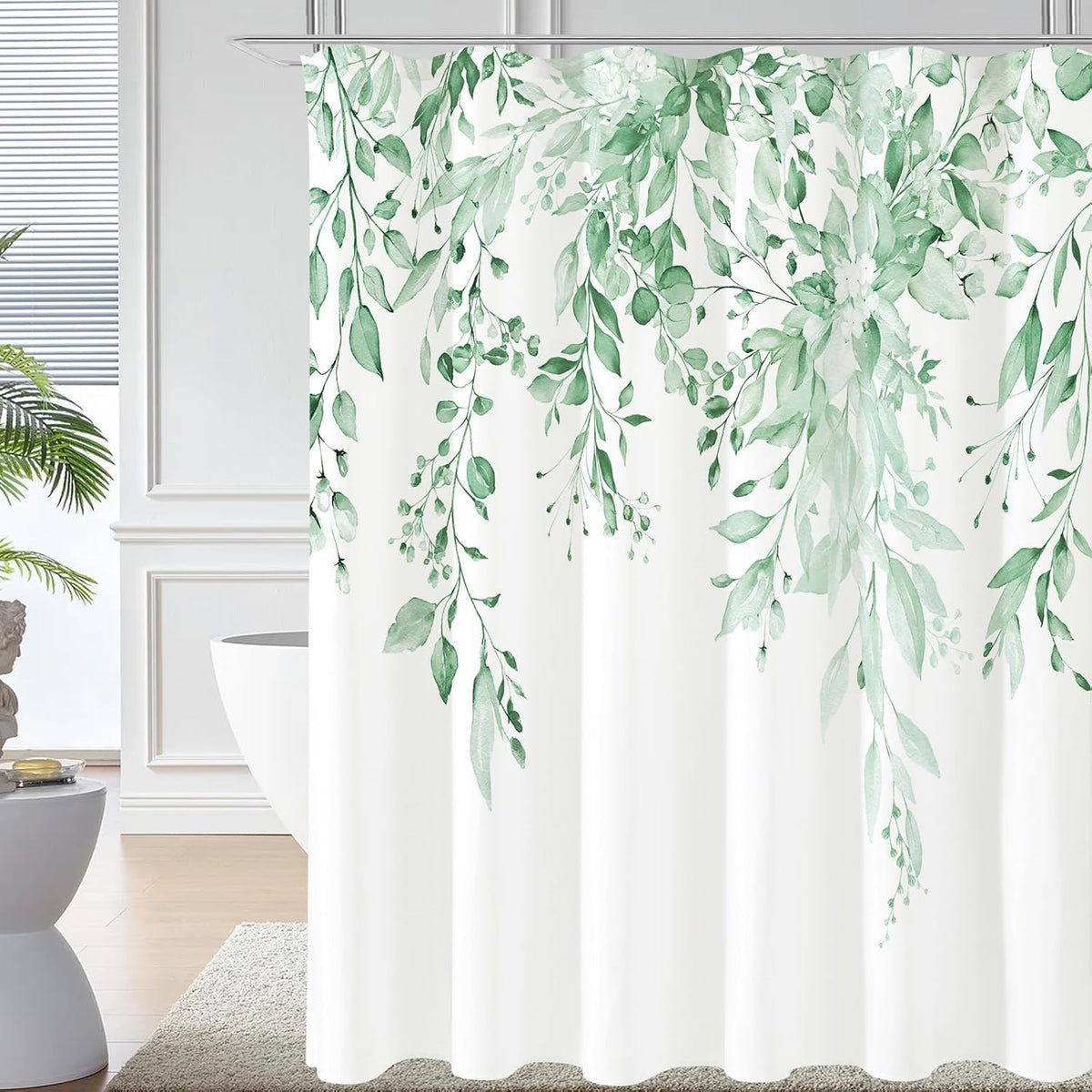 Grey Eucalyptus Shower Curtain, Watercolor Floral Print, 72x72