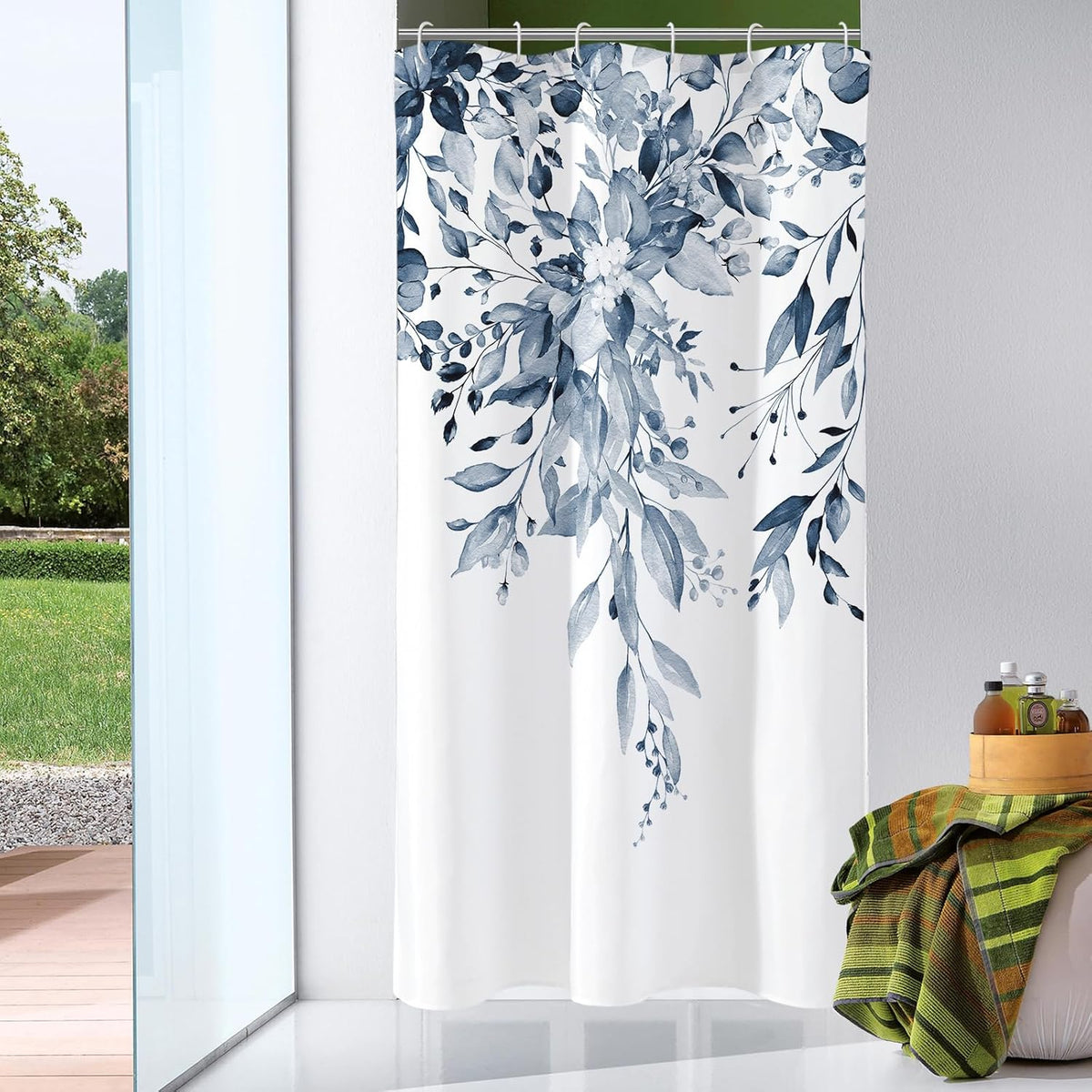 Grey Eucalyptus Shower Curtain, Watercolor Floral Print, 72x72