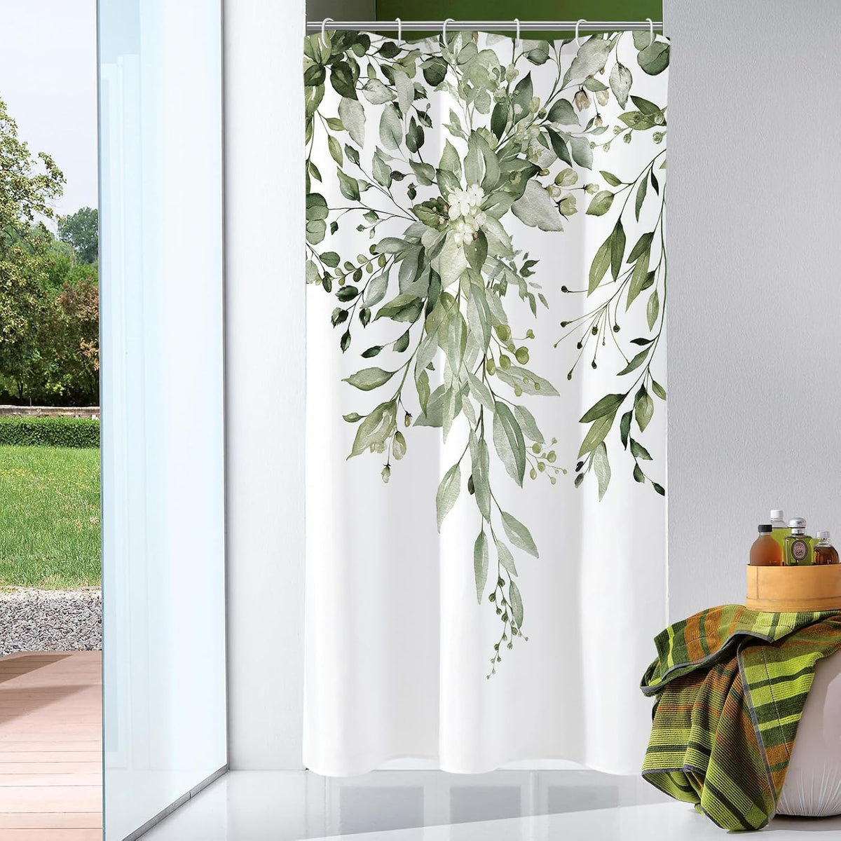 Grey Eucalyptus Shower Curtain, Watercolor Floral Print, 72x72