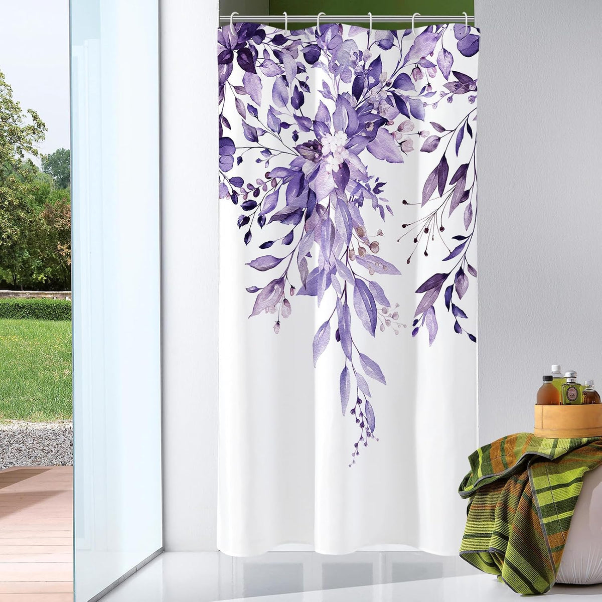 Grey Eucalyptus Shower Curtain, Watercolor Floral Print, 72x72