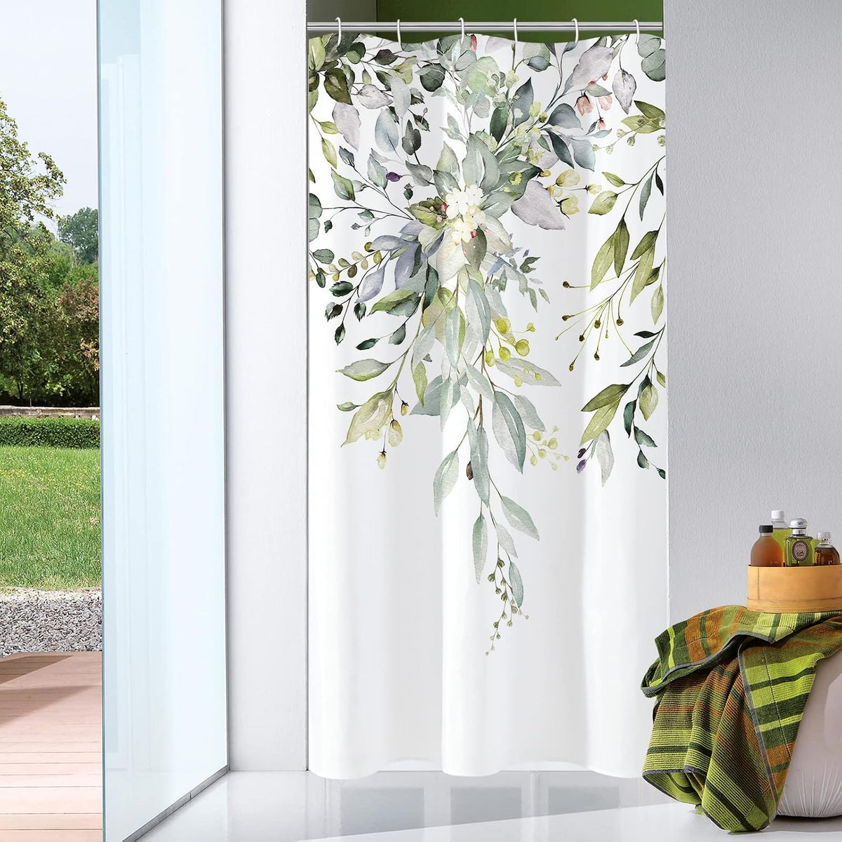 Grey Eucalyptus Shower Curtain, Watercolor Floral Print, 72x72