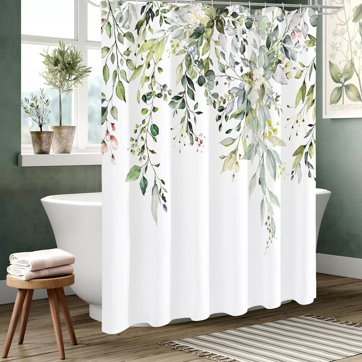 Grey Eucalyptus Shower Curtain, Watercolor Floral Print, 72x72