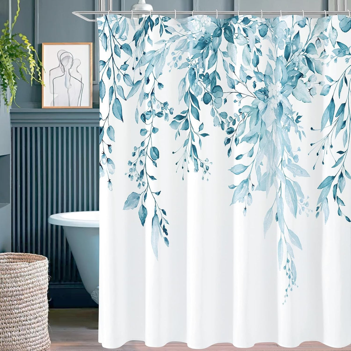 Grey Eucalyptus Shower Curtain, Watercolor Floral Print, 72x72