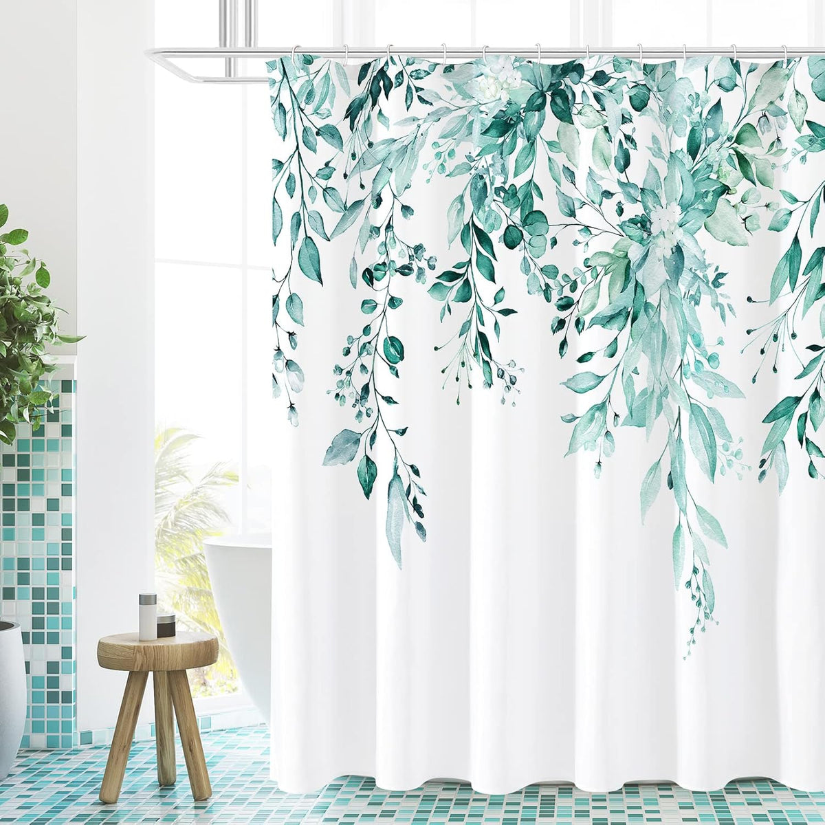 Grey Eucalyptus Shower Curtain, Watercolor Floral Print, 72x72