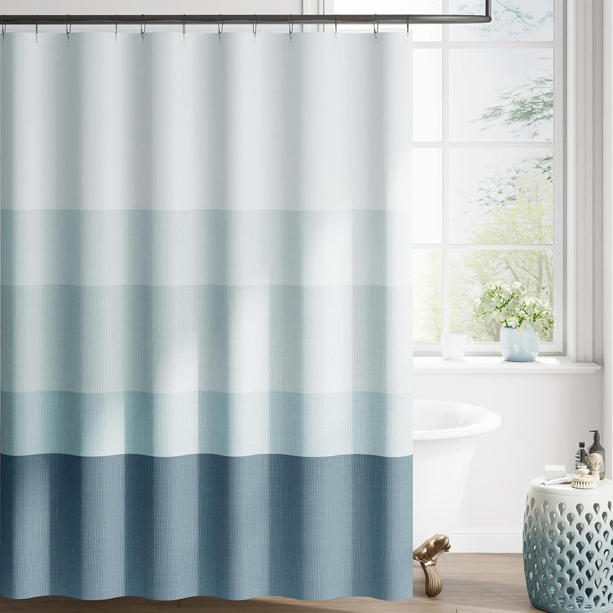 Ombre Ocean Blue Shower Curtain for Bathroom 70x72 Inch 12 Hooks