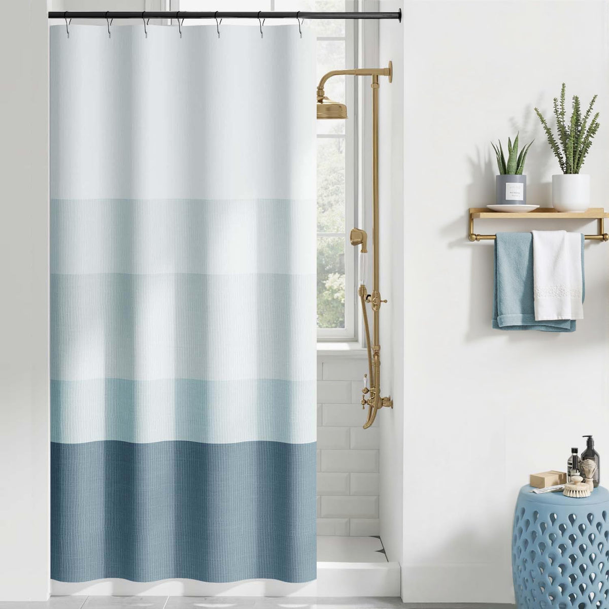Ombre Ocean Blue Shower Curtain for Bathroom 70x72 Inch 12 Hooks