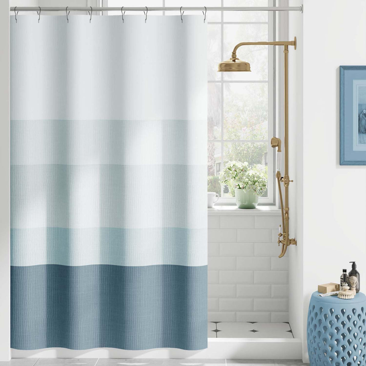 Ombre Ocean Blue Shower Curtain for Bathroom 70x72 Inch 12 Hooks